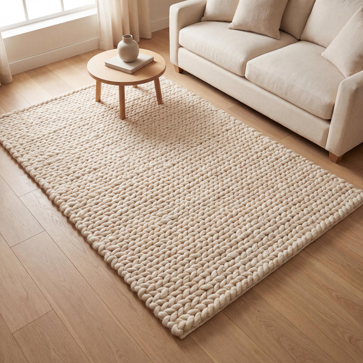 Translation missing: es.Neutral beige chunky knit wool rug with thick braided texture for cozy minimalist living room decor