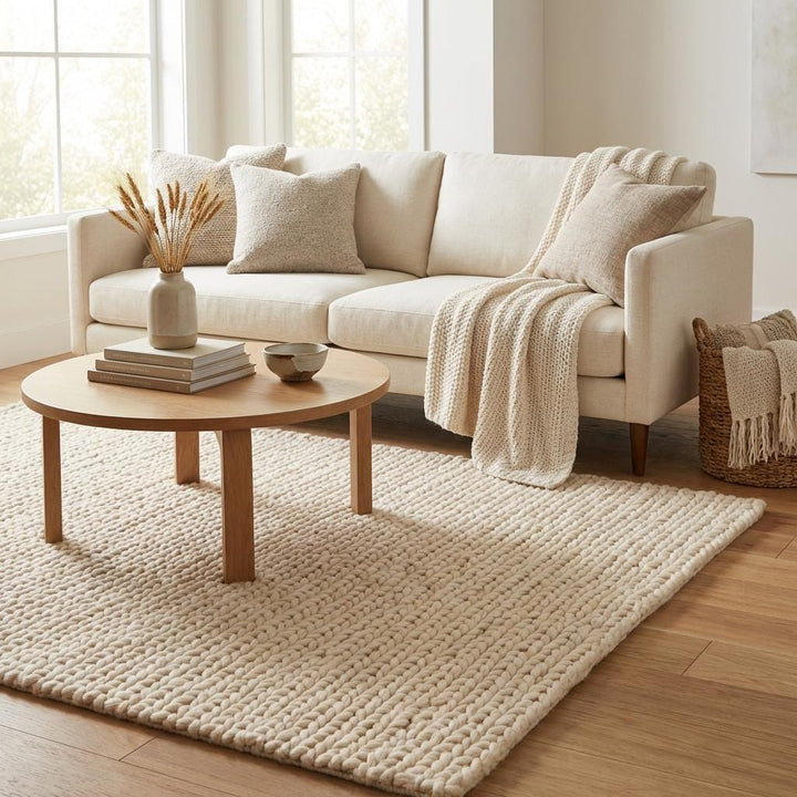 Translation missing: es.Large chunky knit wool rug for living room featuring thick woven wool strands and warm hygge inspired home décor style