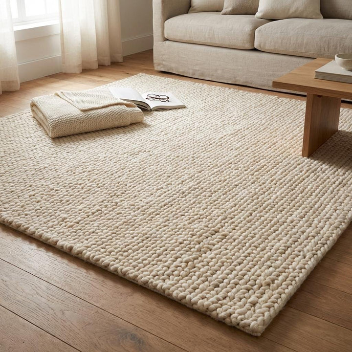 Translation missing: es.Neutral chunky wool rug styled in minimalist living room with wooden furniture and cozy Scandinavian interior design