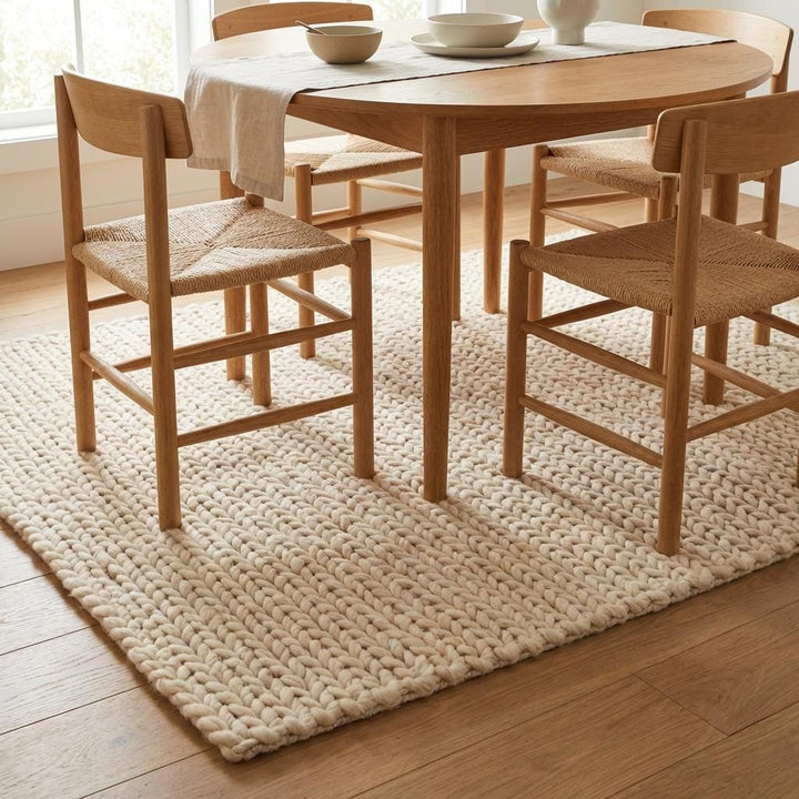 Translation missing: es.Chunky Knit Wool Rug, Neutral Beige Chunky Wool Area Rug, Scandinavian Minimalist Cozy Living Room Rug