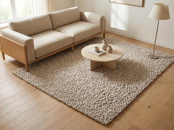 Translation missing: en.Neutral chunky wool rug styled in modern living room, cozy textured area rug under sofa creating warm minimalist interior aesthetic