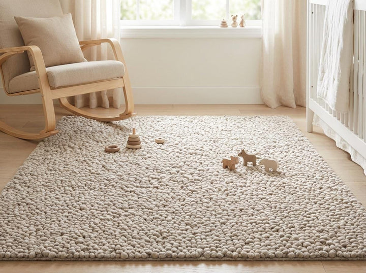 Translation missing: en.Soft chunky knit rug in nursery room setting, plush neutral textured rug ideal for baby room comfort, warm and cozy family-friendly design