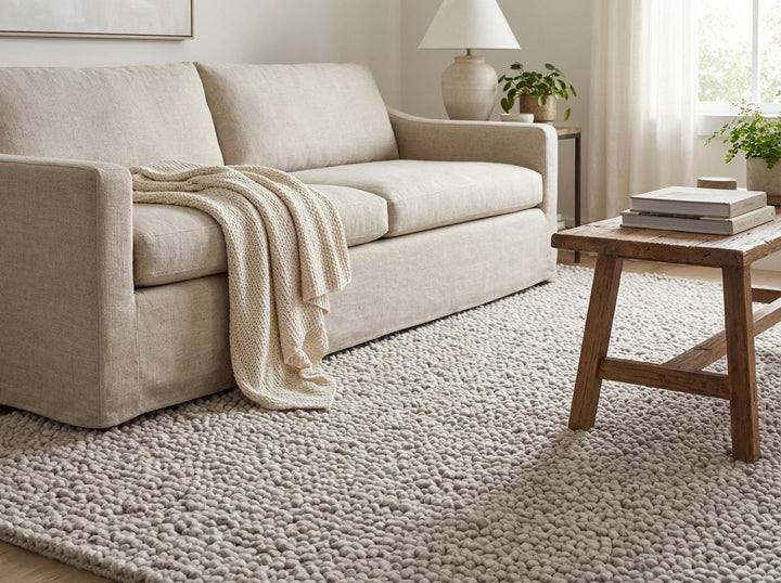 Translation missing: en.Chunky Knit Wool Rug Neutral Beige Pebble Texture Handmade Thick Cozy Modern Minimalist Area Rug
