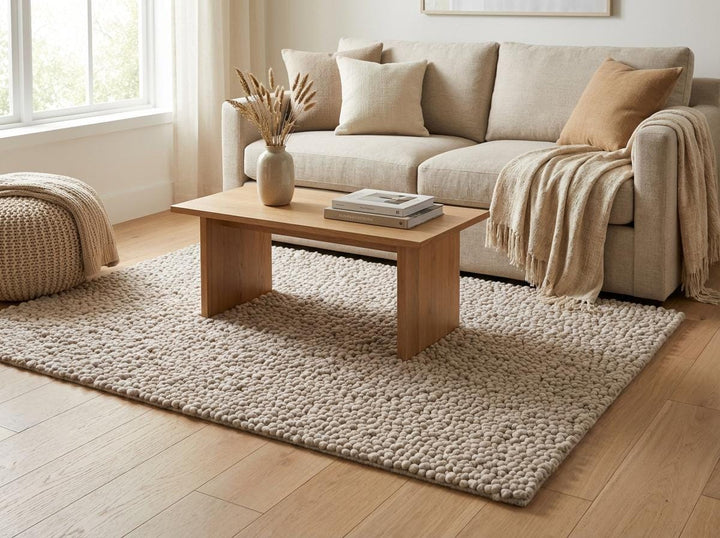 Translation missing: en.Chunky Knit Wool Rug Neutral Beige Pebble Texture Handmade Thick Cozy Modern Minimalist Area Rug