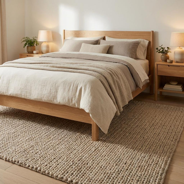 Translation missing: es.Overhead view of full chunky knit wool rug showing looped texture pattern