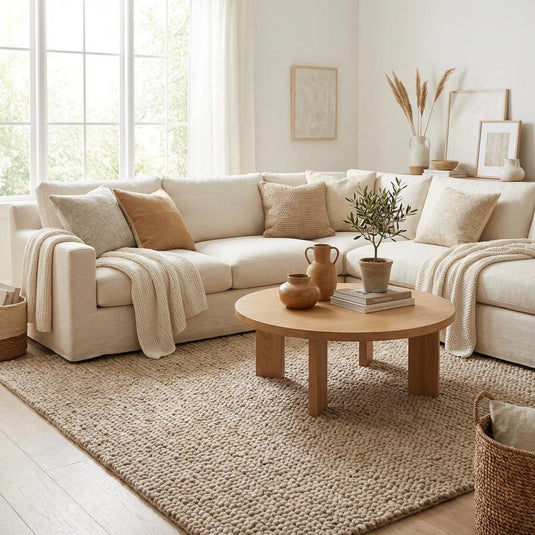 Translation missing: es.Neutral chunky wool rug styled in modern minimalist living space
