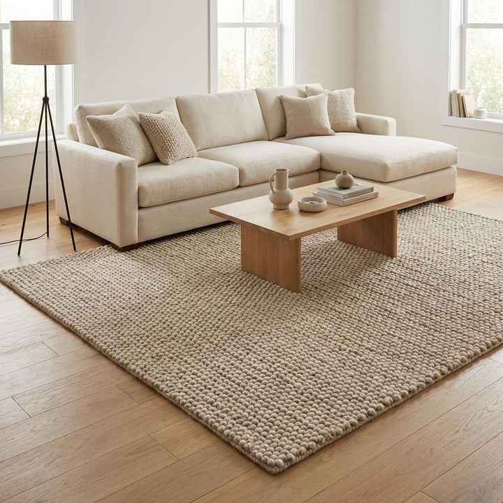 Translation missing: es.Chunky knit wool rug in thick neutral ivory with soft, plush texture for cozy living room decor