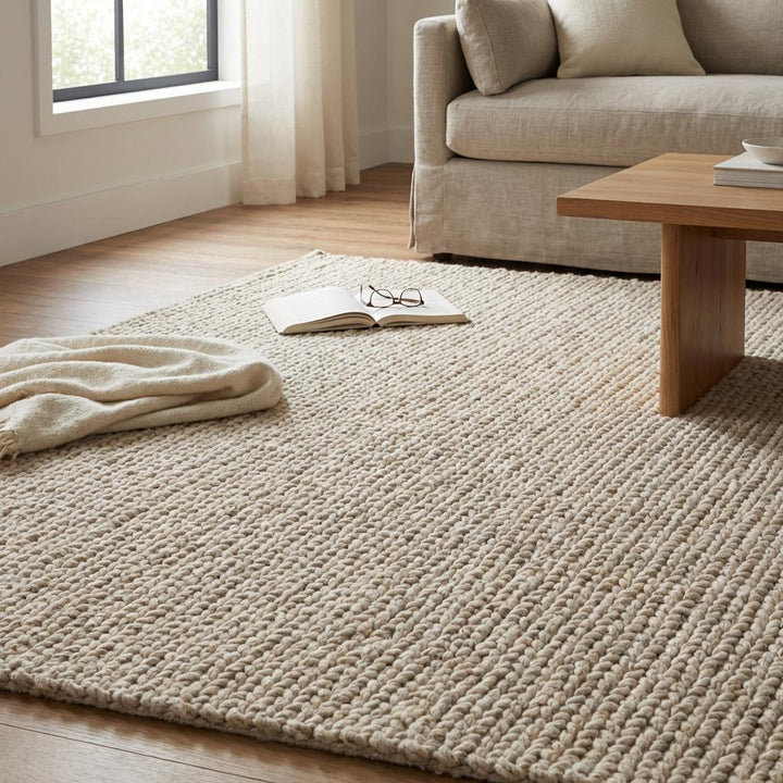 Translation missing: es.Chunky knit wool rug in neutral ivory with thick plush texture for cozy living room and soft home décor