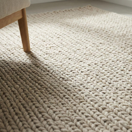 Translation missing: es.Chunky knit wool rug in neutral cream with thick, soft texture for cozy living room décor