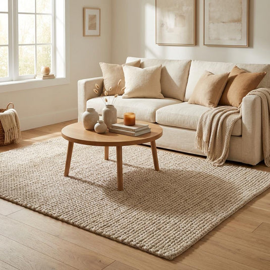 Translation missing: es.Chunky knit wool rug in neutral ivory with thick, plush texture for cozy living room décor