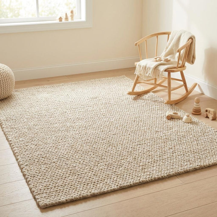 Translation missing: es.Chunky knit wool rug in neutral cream with thick plush texture for cozy living room décor