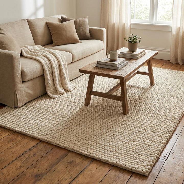 Translation missing: es.Chunky knit wool rug in neutral ivory with thick textured loops, perfect cozy floor covering for living room or nursery