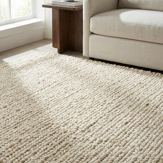 Translation missing: es.Thick neutral chunky knit wool rug with plush texture for cozy living room or nursery floors