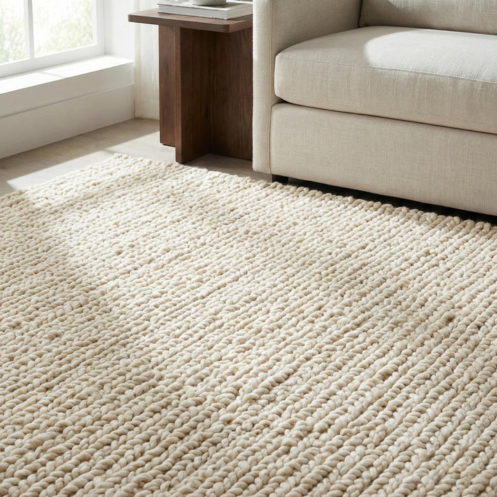 Translation missing: es.Thick neutral chunky knit wool rug with plush texture for cozy living room or nursery floors