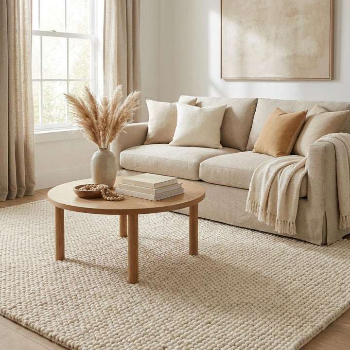 Translation missing: es.Chunky knit wool rug in neutral cream with thick plush texture for cozy living room or nursery flooring