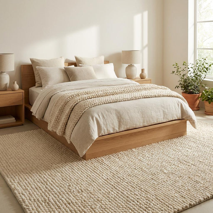 Translation missing: es.Chunky knit wool rug in thick neutral ivory tone with textured loops, cozy and soft for living room or nursery flooring