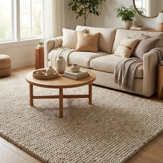 Translation missing: es.Neutral chunky wool rug styled in modern minimalist living space