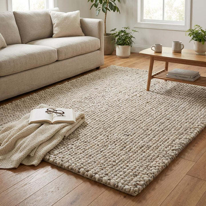 Translation missing: es.Chunky Knit Wool Rug – Thick Neutral Wool Area Rug, Cozy Modern Home Décor, Soft Textured Luxury Floor Rug for Living Room, Bedroom