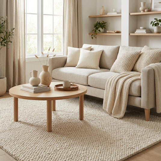 Translation missing: es.Chunky textured wool rug placed in a cozy living room setting with neutral furniture, adding warmth and Scandinavian style to modern home decor