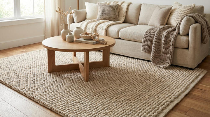 Translation missing: es.Plush oversized yarn rug layered over hardwood flooring in minimalist interior