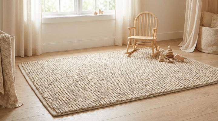 Translation missing: es.Soft cream chunky knit rug placed in a neutral bedroom for cozy warmth