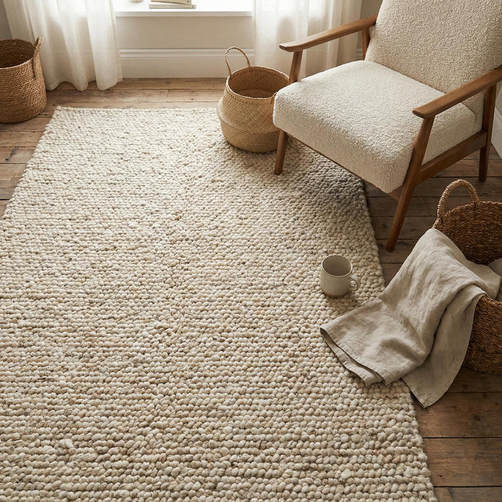 Translation missing: es.Chunky loop textured area rug in neutral cream with plush, pebble-like surface and handcrafted look for cozy modern interiors