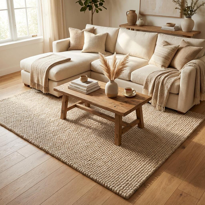 Translation missing: es.Neutral textured rug placed on hardwood floor beside cozy armchair