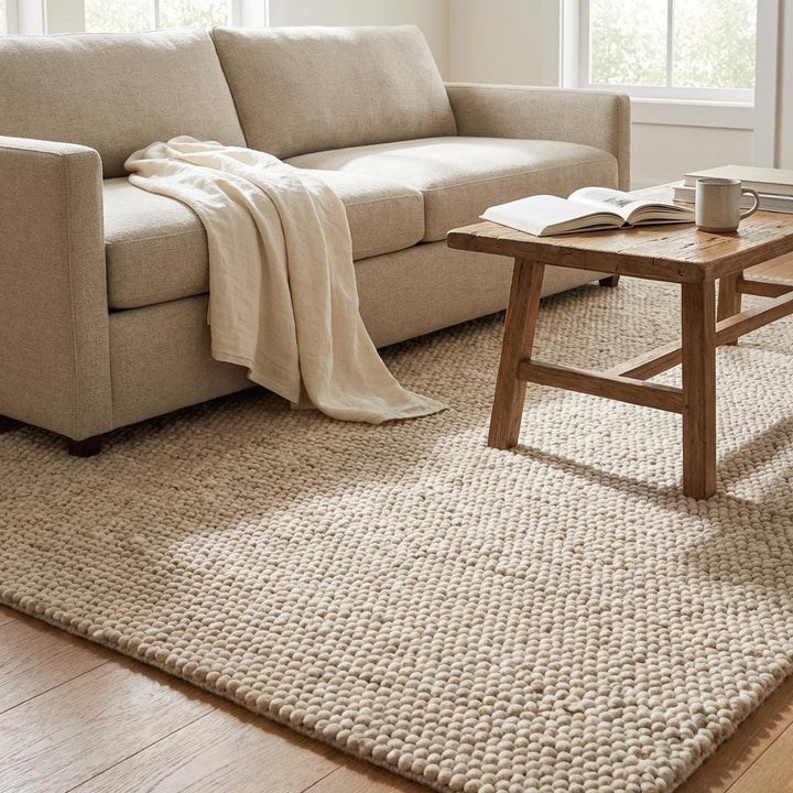 Translation missing: es.Detailed edge view of dense loop construction in cream area rug