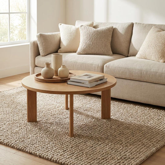 Translation missing: es.Cozy modern organic room featuring thick neutral loop area rug on light wood flooring
