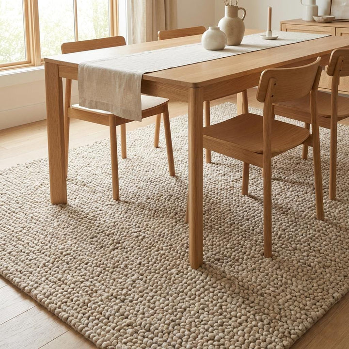 Translation missing: en.Chunky textured neutral rug placed in serene bedroom-style minimalist interior
