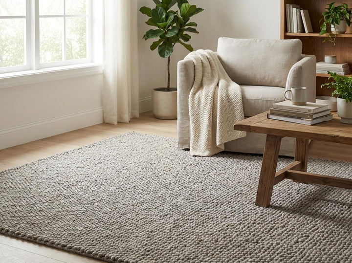 Translation missing: es.Chunky Loop Textured Neutral Area Rug, Cozy Scandinavian Style Thick Yarn Rug, Minimalist Organic Living Room Rug