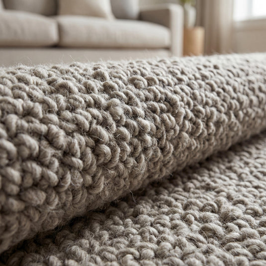 Translation missing: es.Close-up view of thick looped yarn texture showing deep woven rug surface