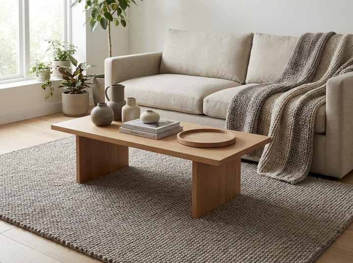 Translation missing: es.Scandinavian style living room featuring cozy neutral textured area rug