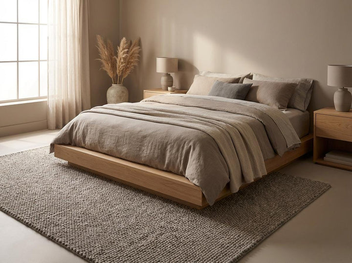 Translation missing: es.Soft textured neutral rug styled in cozy minimalist interior space