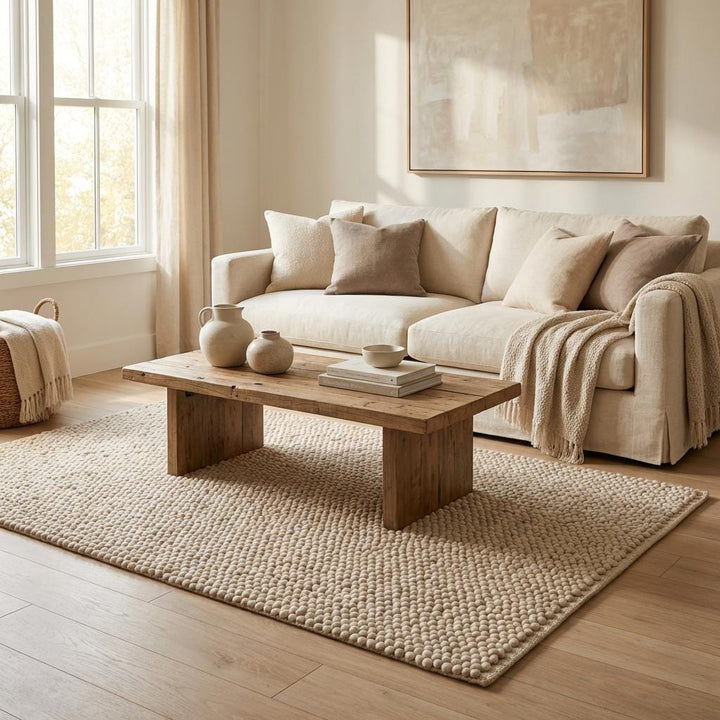 Translation missing: es.Cozy dining nook featuring textured beige area rug and linen napkin styling