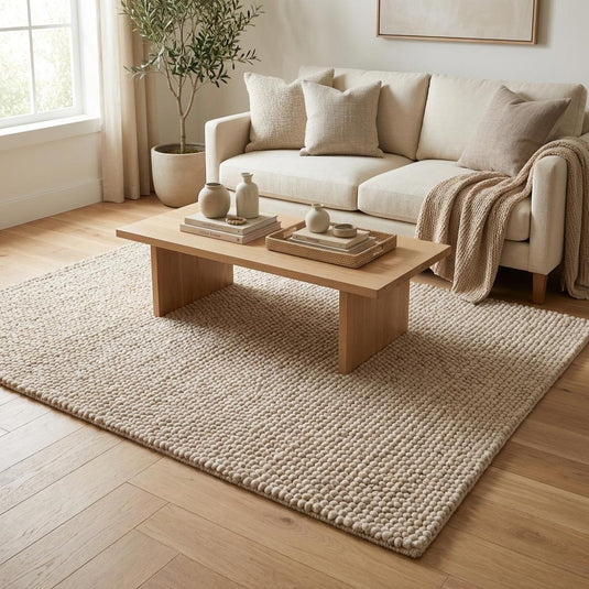 Translation missing: es.Scandinavian style chunky textured rug detail showing plush loop construction