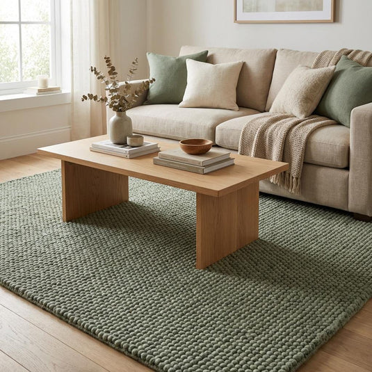 Translation missing: es.Soft textured solid green area rug placed on wooden floor near window