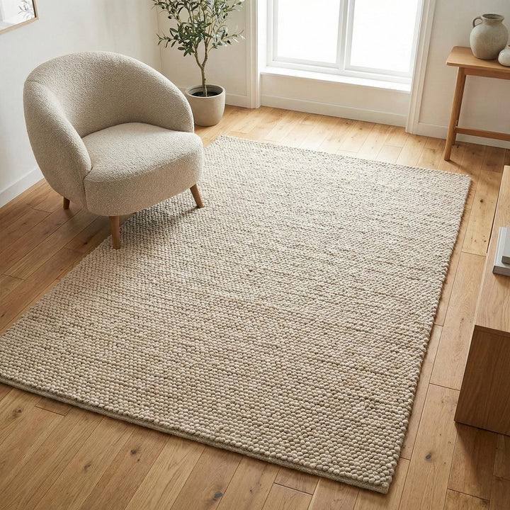 Translation missing: es.Chunky textured neutral area rug with thick cream pebble weave and cozy plush surface on light wood floor