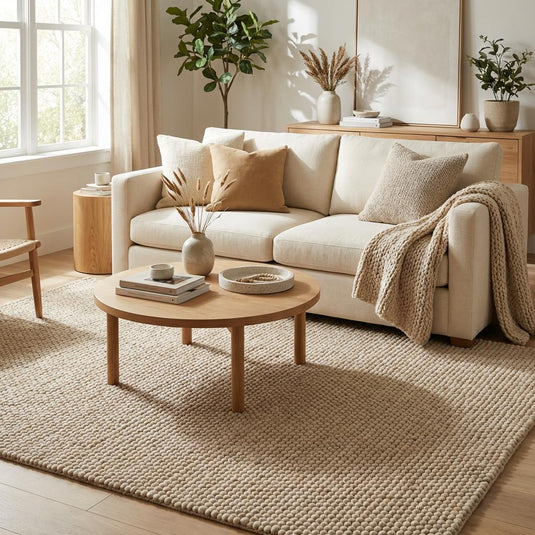Translation missing: es.Neutral textured rug placed in cozy reading nook with light wood flooring