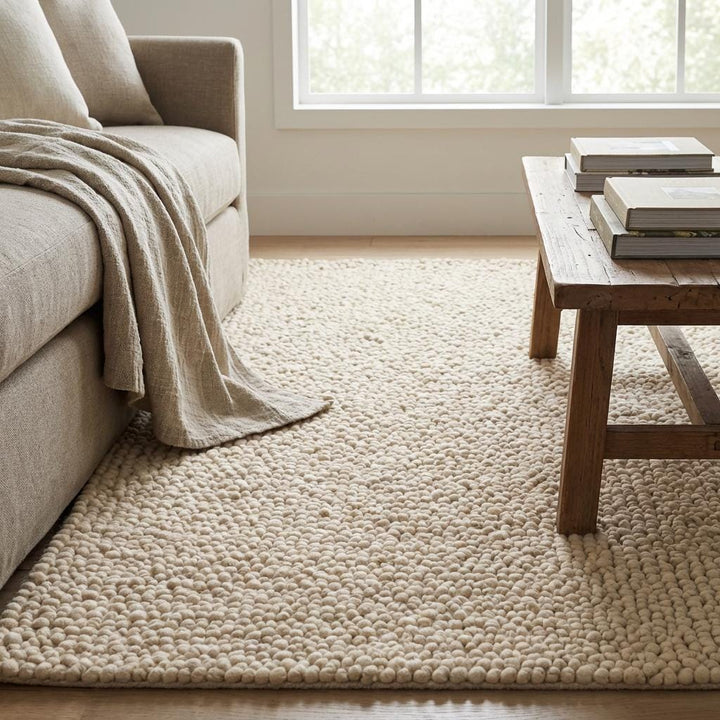Translation missing: es.Chunky textured neutral area rug with thick looped plush surface for cozy living room and bedroom decor