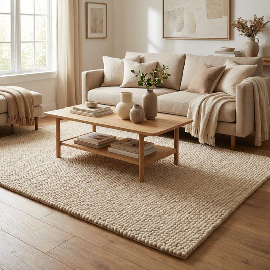 Translation missing: es.Chunky textured neutral area rug with thick looped plush surface for cozy living room and bedroom spaces