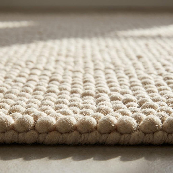 Translation missing: es.Chunky textured neutral area rug with thick looped plush surface in cozy living room setting