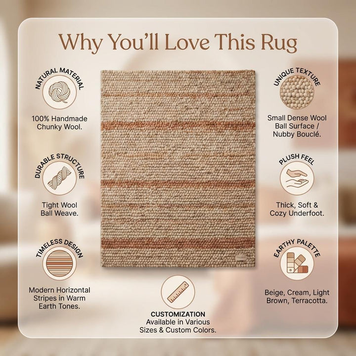 Translation missing: es.Chunky Wool Area Rug, Neutral Striped Textured Rug, Modern Organic Cozy Living Room Carpet