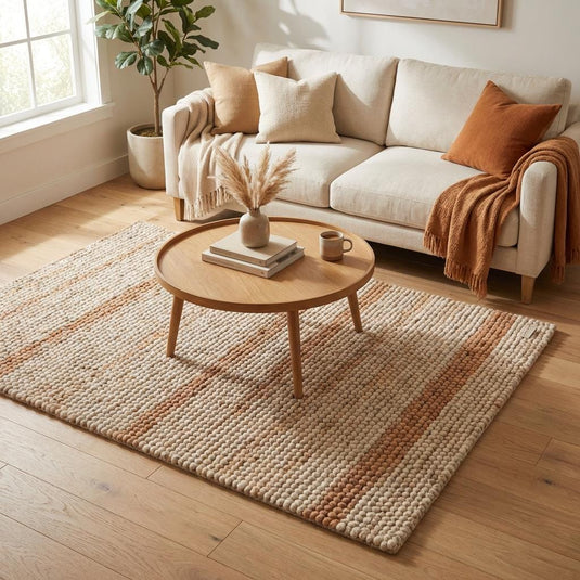 Translation missing: es.Cozy reading nook featuring textured neutral striped wool rug and boucle chair