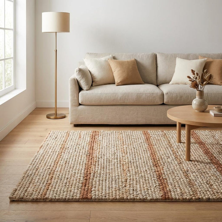 Translation missing: es.Chunky Wool Area Rug, Neutral Striped Textured Rug, Modern Organic Cozy Living Room Carpet