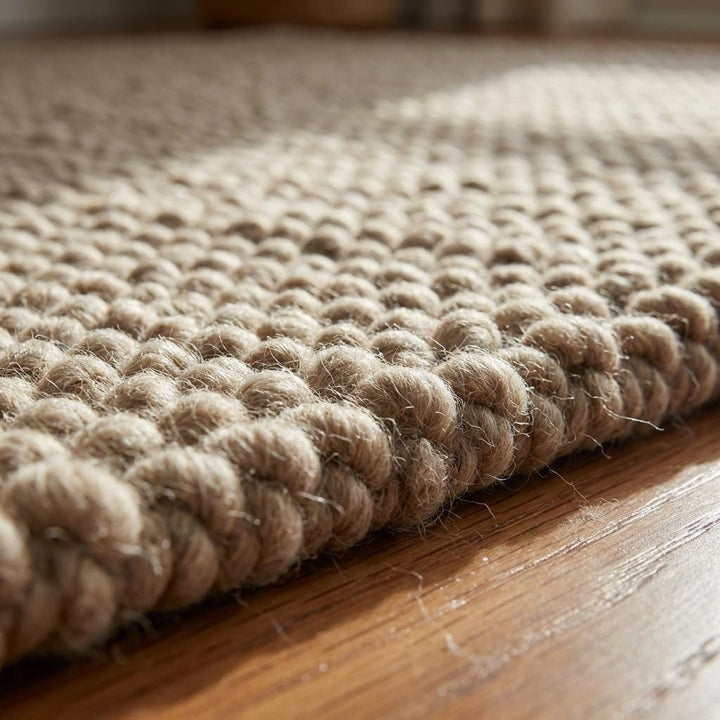 Translation missing: es.Chunky wool area rug with thick beige braided texture for cozy living room decor