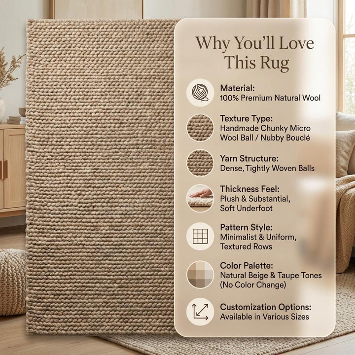 Translation missing: es.Chunky wool area rug with thick braided beige texture in cozy living room setting