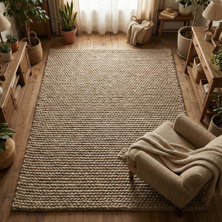 Translation missing: es.Chunky wool area rug with thick braided texture in neutral beige for cozy living rooms
