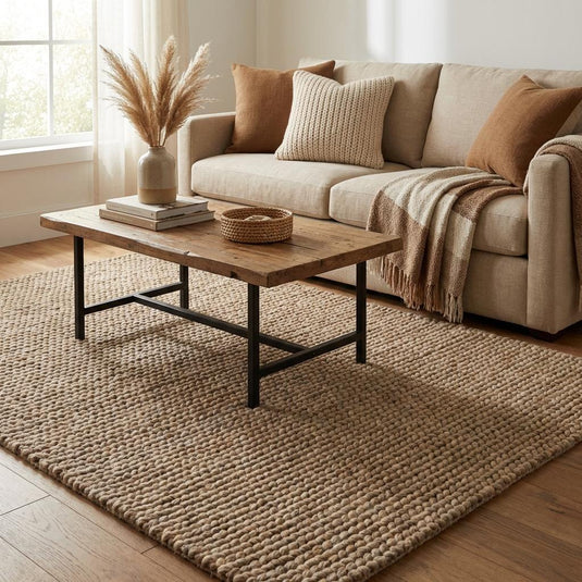 Translation missing: es.Chunky wool area rug with thick braided texture in neutral beige for cozy living rooms