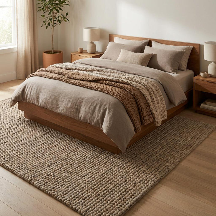 Translation missing: es.Chunky wool area rug with thick braided texture in neutral beige for cozy living room decor